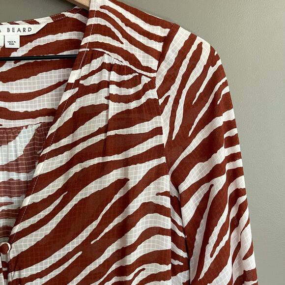 Veronica Beard Mallory Dress Rust Zebra Print Size XS Brown White Tassels Flowy‎ - Picture 6 of 16